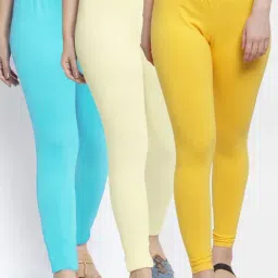 Gracit Yellow & Blue Mid Rise Leggings - Pack Of 3-image-52