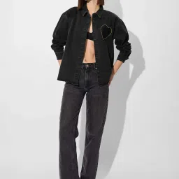 The Souled Store Black Cotton Embroidered Jacket image 4