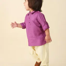 Fabindia Kids Purple & Cream Textured Full Sleeves Pathani Kurta with Pyjamas image 3