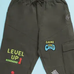 Kiddopanti Boys Military Green Fleece Embroidered Joggers image 3