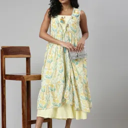 showoffff SHOWOFF Yellow Cotton Printed Midi Dress With Coat image 4