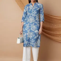 Melange By Lifestyle Blue Cotton Regular Fit Floral Print Kurta-picture-19