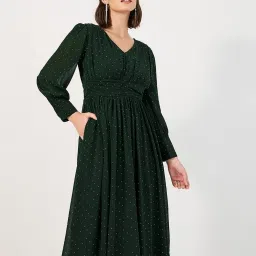 Styli Green Polka Dots A-Line Dress image 4