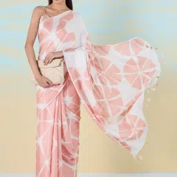 navyasa by liva Pink & White Geometric Print Saree With Unstitched Blouse image 4