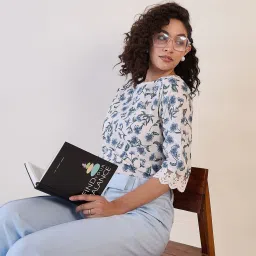 Powersutra White Cotton Print 3/4th sleeve Top image 4