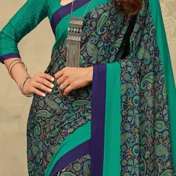 Saree Mall Navy & Green Printed Saree With Unstitched Blouse image 4