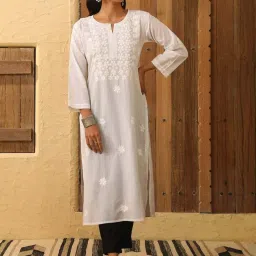 House of Chikankari White Chikankari Cotton Woven Long Kurta image 4