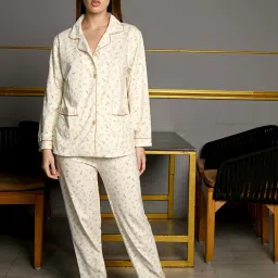 Odette Off White Printed Night Suit Set image 4