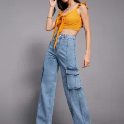 Miss Chase Blue Wide Leg High Rise Clean Look Regular Length Stretchable Patch Pocketed Denim Jeans image 4
