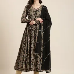 SHOWOFF Black Cotton Floral Print Kurta With Dupatta-image-59