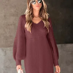 StyleCast Solid V-Neck Bishop Sleeves Sheath Dress-picture-35