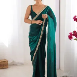Saree Mall Teal green Satin Embellished Saree with Blouse Piece-picture-13