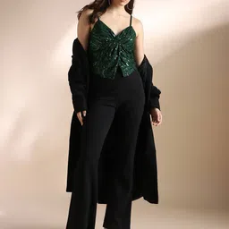 Globus Women Embellished Shoulder Straps Sequinned Twisted Net Crop Top image 4