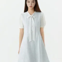 Roem Blue Regular Fit Tweed Mini Dress with Neck Tie-image-3