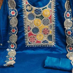 BlissFlair Floral Embroidered Sequinned Chanderi Cotton Unstitched Dress Material image 4