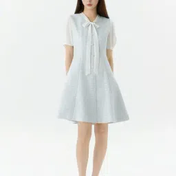 Roem Blue Regular Fit Tweed Mini Dress with Neck Tie image 3