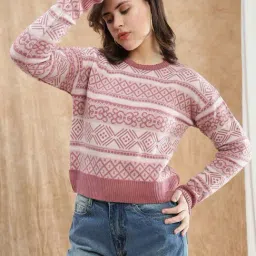 Globus Women Pink Round Neck Long Sleeve Self Knit Acrylic Winterwear Pullover Sweater-picture-29