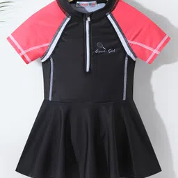 Kookie Kids Half Sleeves Frock Swimsuit with Text Print - Black-image-10