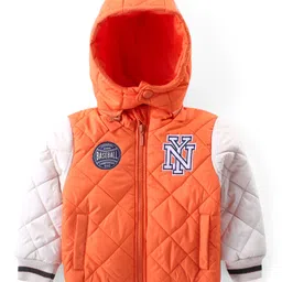 Babyhug Woven Full Sleeves Padded Hooded Jacket With Text Detailing - Orange-picture-15