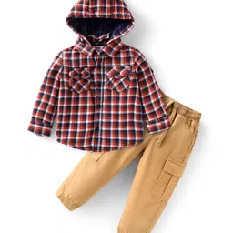 Babyhug Cotton Woven Full Sleeves Hooded Checkered Shirt & Lounge Pant Set - Beige & Rust Orange-picture-12