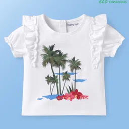 Babyoye Eco Conscious 100% Cotton Knit Half Puffed Sleeves T-Shirt with Beach Theme Print - White-picture-17