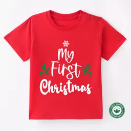 BLUSHES Christmas Theme 100% Cotton Half Sleeves My First Christmas Text Printed Tee - Red-picture-11