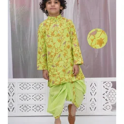 Little Bansi Cotton Full Sleeves Floral & Bird Embroidered Kurta & Dhoti Set - Green image 1