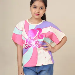 Kidsville Cotton Mattel Featuring Half Sleeves Barbie Printed Tee - Pink Yellow & Blue-picture-21