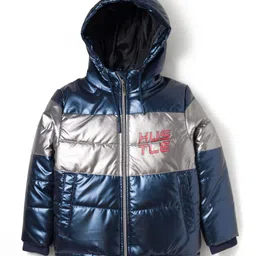 Pine Kids Woven Full Sleeves Hooded Padded Jacket with Text Print - Navy Blue-picture-23