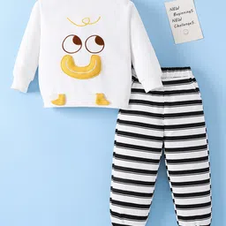 Mark & Mia Cotton Knit Full Sleeves Winter Wear T-Shirt & Joggers Set with Stripes & Applique - White & Black-picture-23