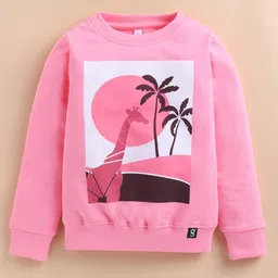 giniekids Cotton Blend Knit Full Sleeves Giraffe & Trees Printed Light Winter Sweatshirt - Candy Pink image 1