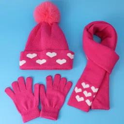 kookie kids Pine Kids Woolen Pom Pom Applique & Hearts Printed Cap With Muffler & Pair Of Gloves - Dark Pink image 2