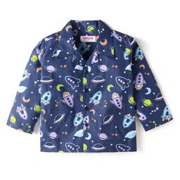 Babyhug Cotton Woven Full Sleeves Front Open Night Suit with Space Print - Navy Print image 2