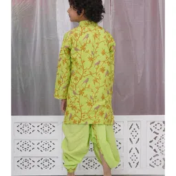 Little Bansi Cotton Full Sleeves Floral & Bird Embroidered Kurta & Dhoti Set - Green image 3