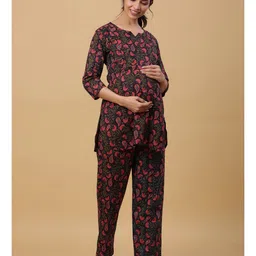 CRAFIQA Cotton Three Fourth Sleeves Floral Printed With Concealed Zipper  Nursing Access Night Suit - Black & Red image 4
