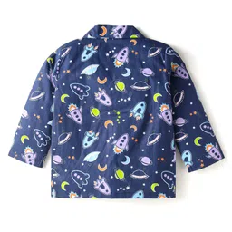Babyhug Cotton Woven Full Sleeves Front Open Night Suit with Space Print - Navy Print image 3