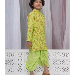 Little Bansi Cotton Full Sleeves Floral & Bird Embroidered Kurta & Dhoti Set - Green image 4