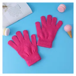 kookie kids Pine Kids Woolen Pom Pom Applique & Hearts Printed Cap With Muffler & Pair Of Gloves - Dark Pink image 4