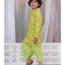 Little Bansi Cotton Full Sleeves Floral & Bird Embroidered Kurta & Dhoti Set - Green image 5