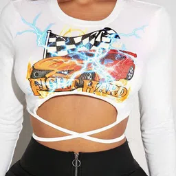 Stylecast X Slyck Cotton Graphic Printed Crop Tie-Up Top image 3