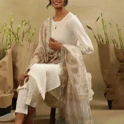 folksong W Paper White Cotton Embroidered Straight Kurta image 4