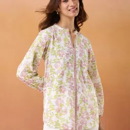 Fabindia White & Green Cotton Hand Block Printed Tunic image 4
