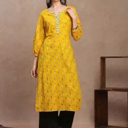 Fashor Yellow Cotton Printed Straight Kurta-image-35
