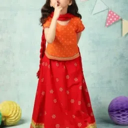 Fabindia Kids Orange & Yellow Cotton Printed Lehenga Choli-picture-12