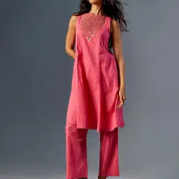 Global Desi Coral Cotton Embellished Kurta Pant Set-image-25