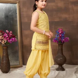 Aarika Kids Yellow Embellished Kurti, Salwar, Dupatta with Unstitched Sleeves image 4