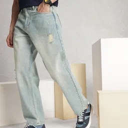 WROGN Men Loose Fit Low Distress Heavy Fade Pure Cotton Jeans image 4