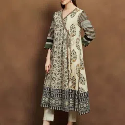 Melange By Lifestyle Beige Cotton Regular Fit Floral Print Kurta image 4