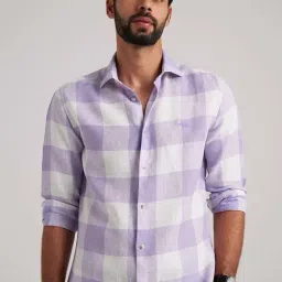 ANDAMEN Lavender Slim Fit Check Linen Shirt-picture-11