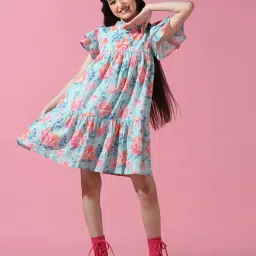 Cherry & Jerry Girls Blue Floral A-Line Knee Length Dress image 4